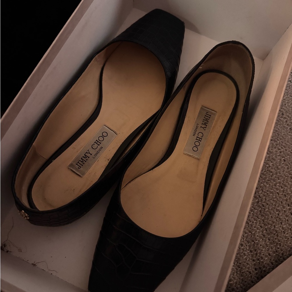 Jimmy Choo Black Croc-Embossed Flats